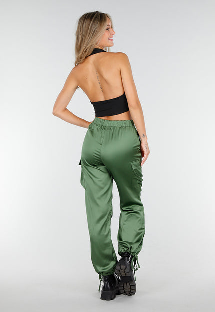 NEW210126 Groene Satin Look Cargo Broek