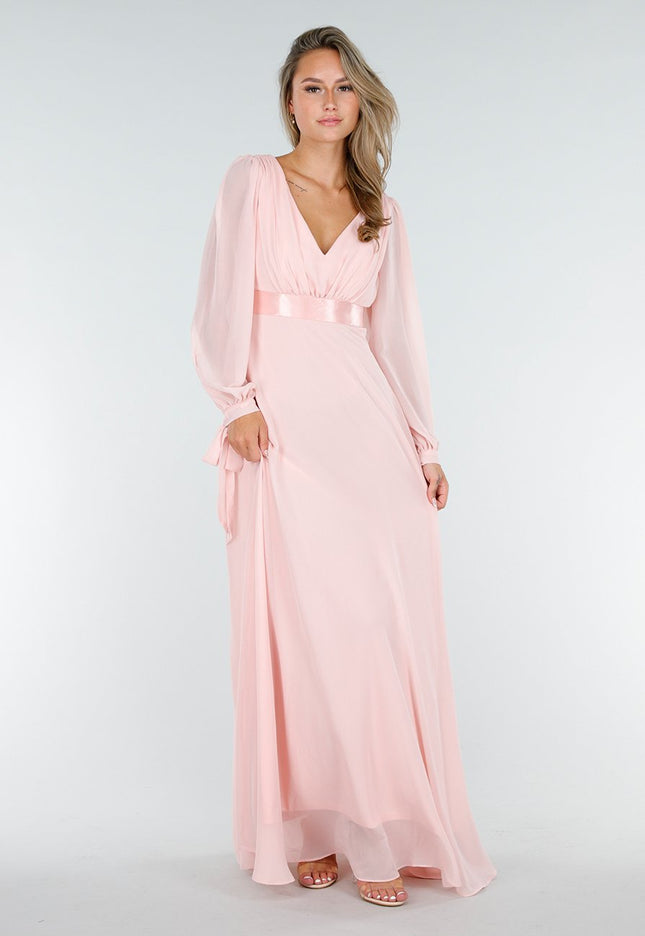 NEW210126 Lange Roze Chiffon Galajurk