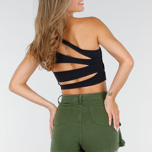 NEW210126 Zwarte One Shoulder Top met Pads