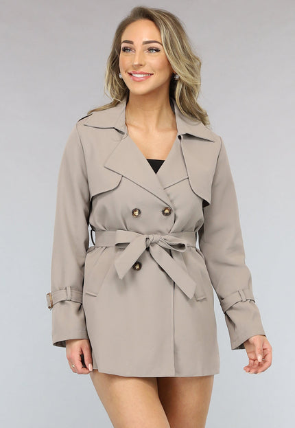 NEW2102 Korte Trenchcoat met Gesp Details in Taupe