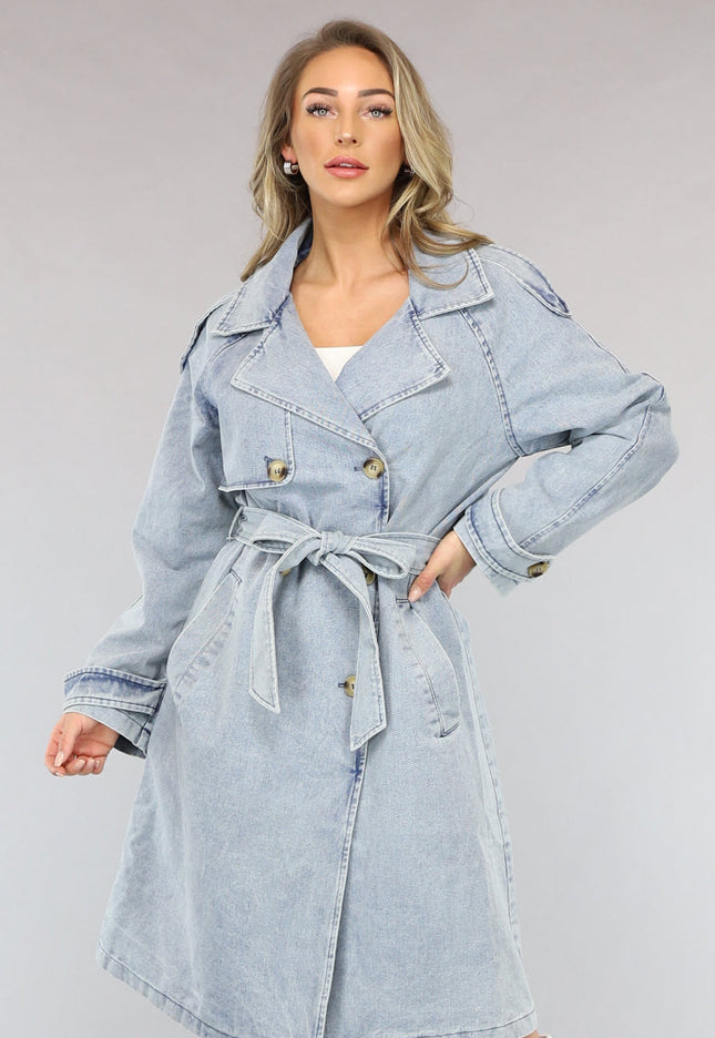 NEW2102 Lichtblauwe Oversized Denim Trenchcoat met Ceintuur