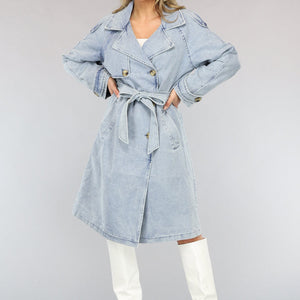 NEW2102 Lichtblauwe Oversized Denim Trenchcoat met Ceintuur