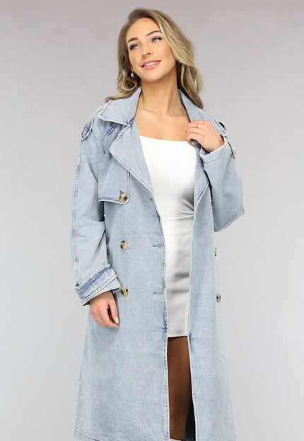 NEW2102 Lichtblauwe Oversized Denim Trenchcoat met Ceintuur