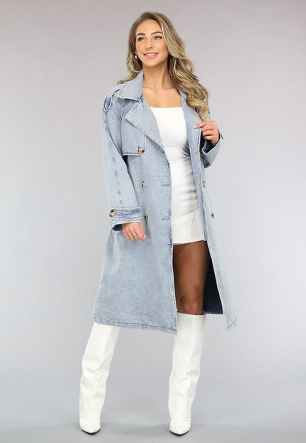 NEW2102 Lichtblauwe Oversized Denim Trenchcoat met Ceintuur