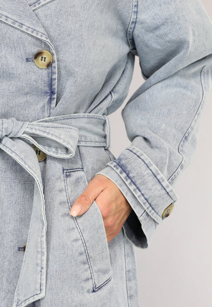 NEW2102 Lichtblauwe Oversized Denim Trenchcoat met Ceintuur
