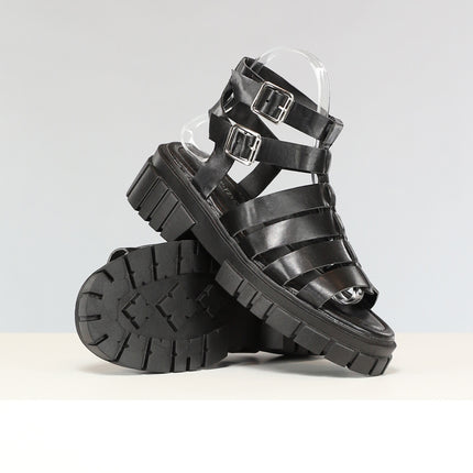 OP=OP.34.S Zwarte Lederlook Sandalen met Grove Zool
