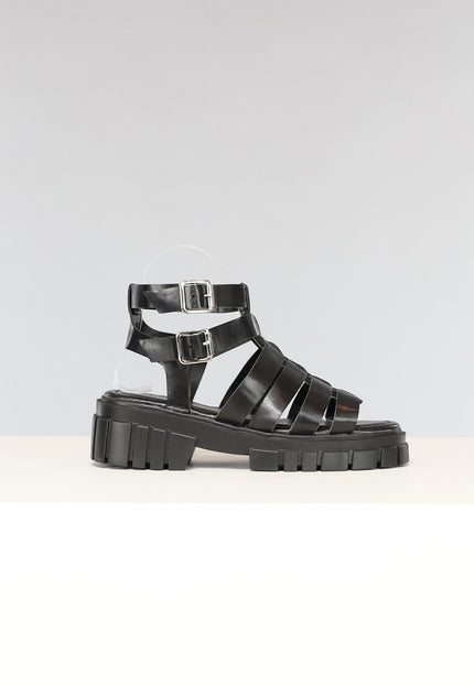 OP=OP.34.S Zwarte Lederlook Sandalen met Grove Zool