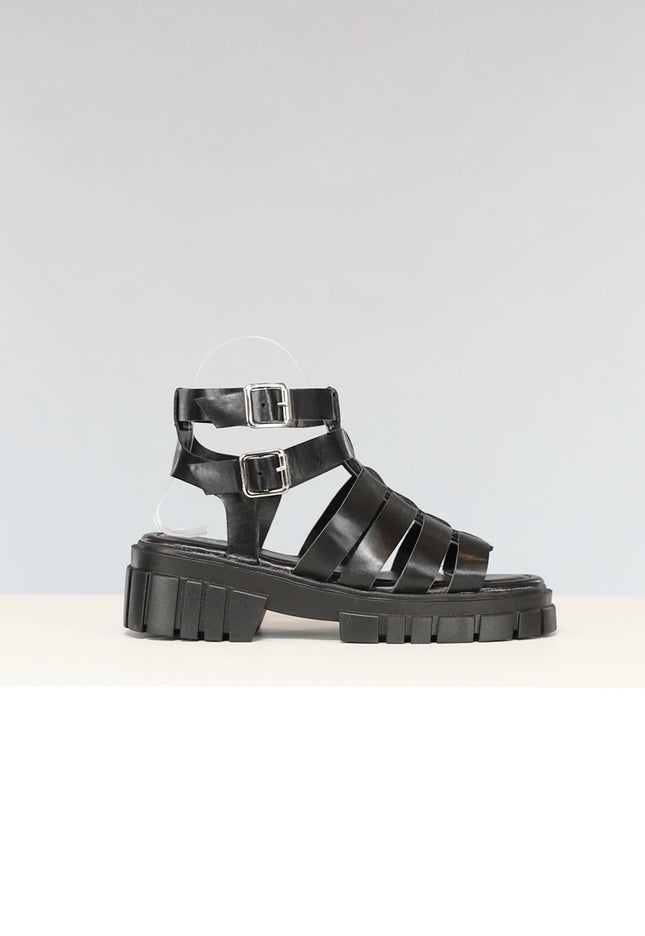 OP=OP.34.S Zwarte Lederlook Sandalen met Grove Zool