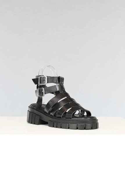 OP=OP.34.S Zwarte Lederlook Sandalen met Grove Zool