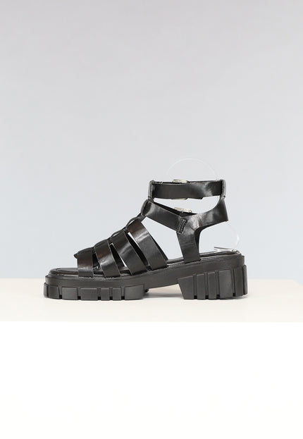 OP=OP.34.S Zwarte Lederlook Sandalen met Grove Zool