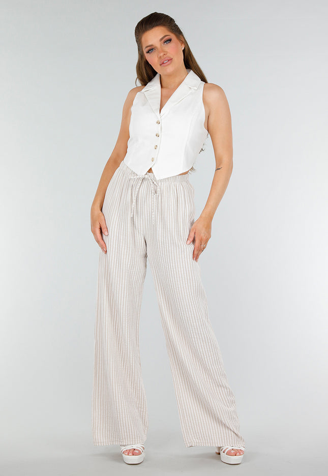 OP=OP.36.NL Beige Linnenlook Broek van Katoen en met Sierstrik