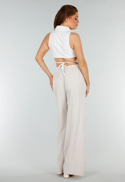 OP=OP.36.NL Beige Linnenlook Broek van Katoen en met Sierstrik