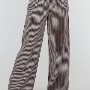 OP=OP.36.NL Bruine High Waist Broek van Katoen met Strepen