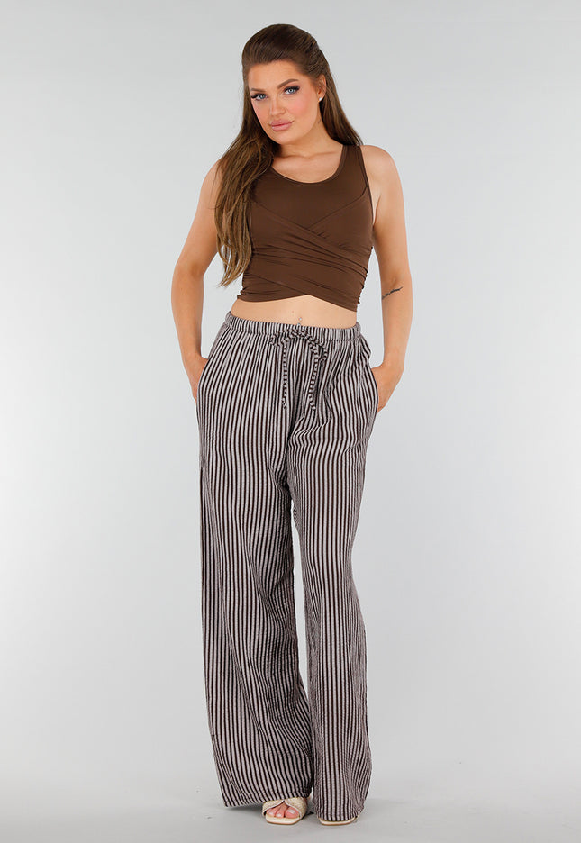OP=OP.36.NL Bruine High Waist Broek van Katoen met Strepen