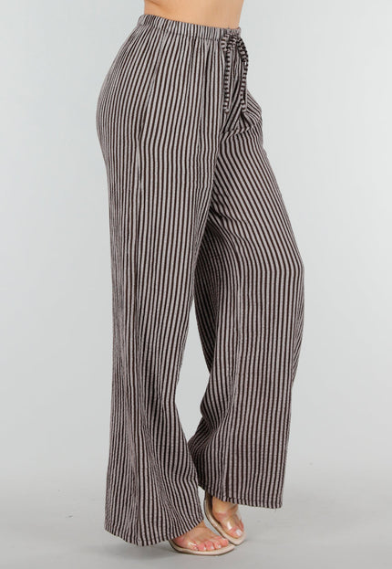 OP=OP.36.NL Bruine High Waist Broek van Katoen met Strepen