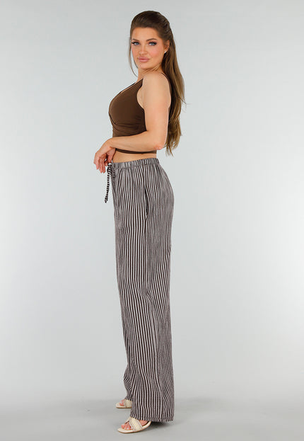OP=OP.36.NL Bruine High Waist Broek van Katoen met Strepen