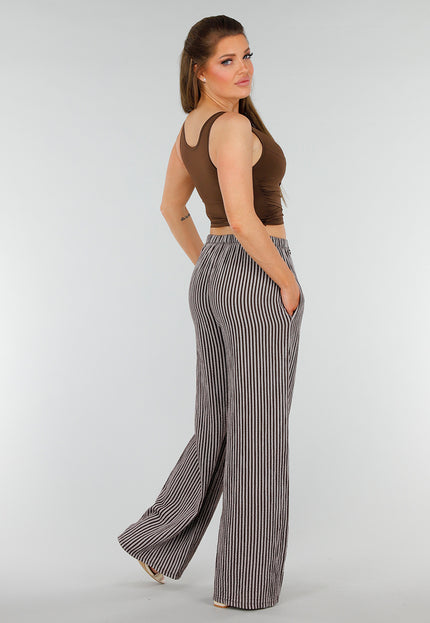 OP=OP.36.NL Bruine High Waist Broek van Katoen met Strepen