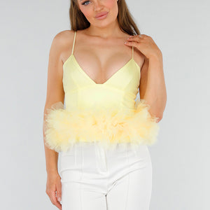 OP=OP.AV.09 Butteryellow Peplumtop met Tule en Ritssluiting