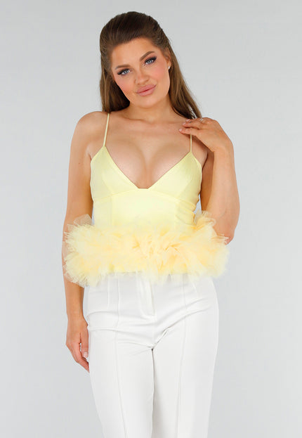 OP=OP.AV.09 Butteryellow Peplumtop met Tule en Ritssluiting