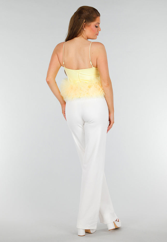 OP=OP.AV.09 Butteryellow Peplumtop met Tule en Ritssluiting