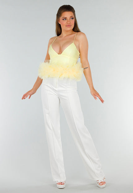 OP=OP.AV.09 Butteryellow Peplumtop met Tule en Ritssluiting