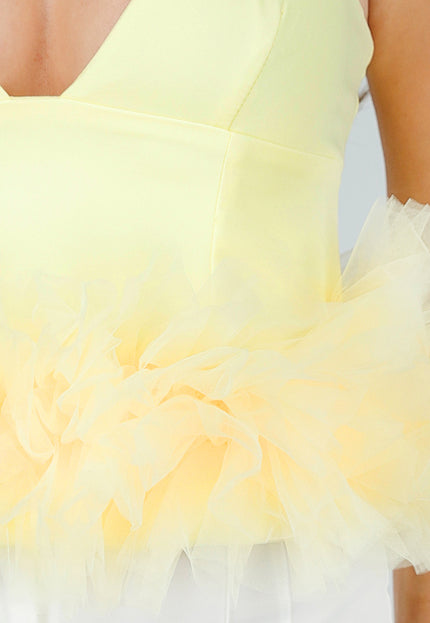 OP=OP.AV.09 Butteryellow Peplumtop met Tule en Ritssluiting