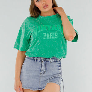 NEW210525 Groen Oversized Acid Wash Shirt met Tekst