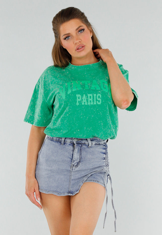 NEW210525 Groen Oversized Acid Wash Shirt met Tekst