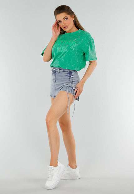 NEW210525 Groen Oversized Acid Wash Shirt met Tekst