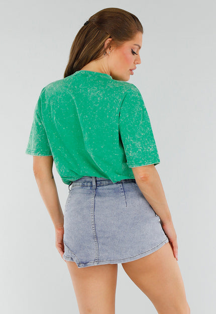 NEW210525 Groen Oversized Acid Wash Shirt met Tekst