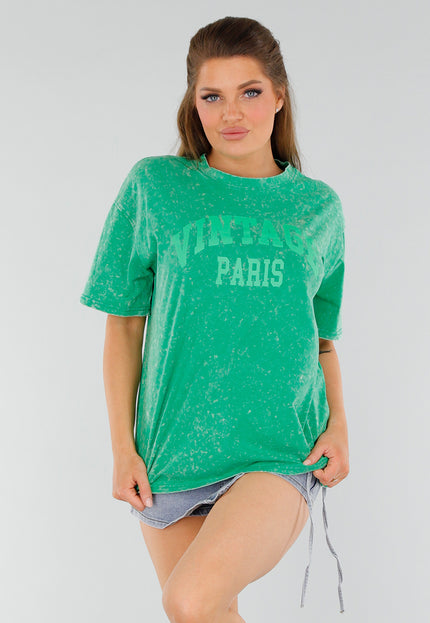 NEW210525 Groen Oversized Acid Wash Shirt met Tekst