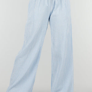 OP=OP.36.NL Lichtblauwe Linnenlook Broek met Strepen en van Katoen