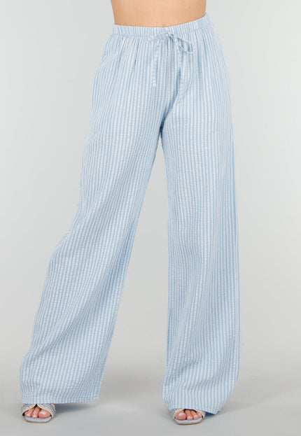 OP=OP.36.NL Lichtblauwe Linnenlook Broek met Strepen en van Katoen
