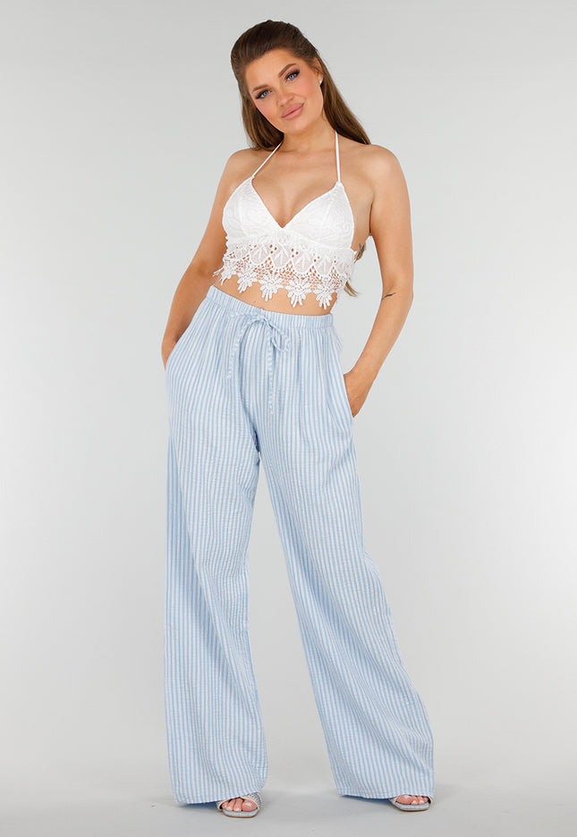 OP=OP.36.NL Lichtblauwe Linnenlook Broek met Strepen en van Katoen