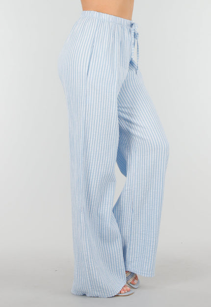 OP=OP.36.NL Lichtblauwe Linnenlook Broek met Strepen en van Katoen