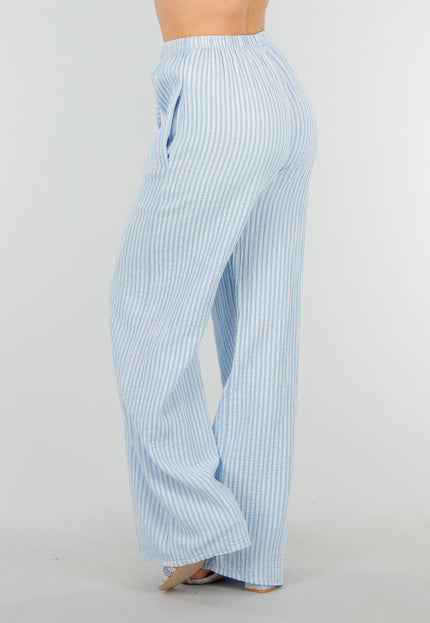 OP=OP.36.NL Lichtblauwe Linnenlook Broek met Strepen en van Katoen