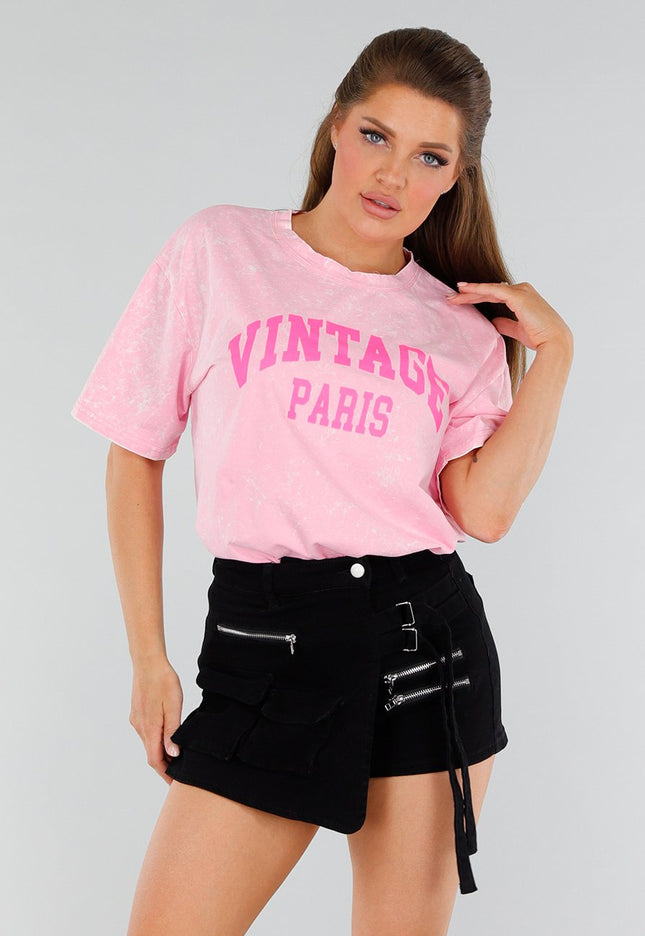 NEW210525 Lichtroze Acid Wash Shirt  met Roze Opdruk