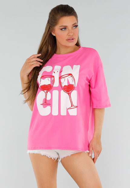 OP=OP.33.NL Roze Shirt met Cin Cin en Wijnglazen