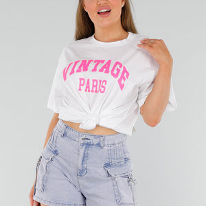 NEW210525 Wit Acid Wash Oversized Shirt met Roze Print