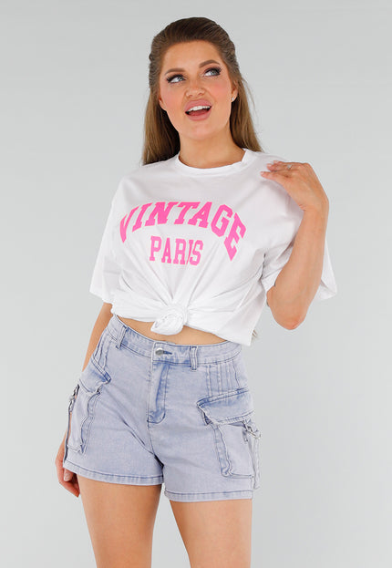 NEW210525 Wit Acid Wash Oversized Shirt met Roze Print