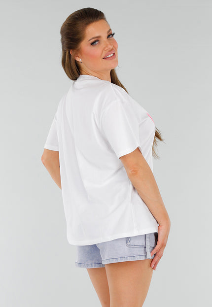 NEW210525 Wit Acid Wash Oversized Shirt met Roze Print