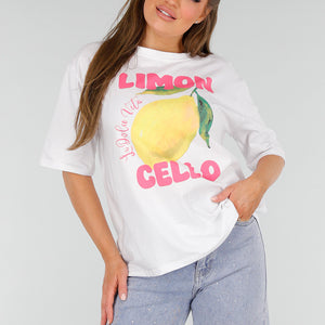 NEW210525 Wit Katoenen T-Shirt met Limoncello print