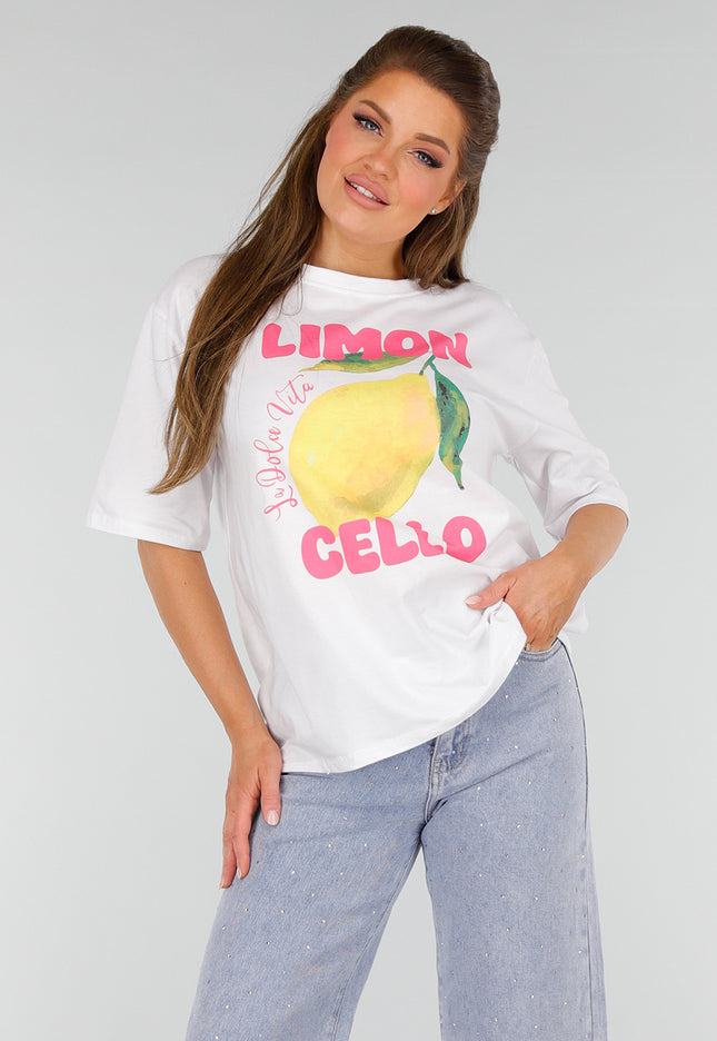 NEW210525 Wit Katoenen T-Shirt met Limoncello print