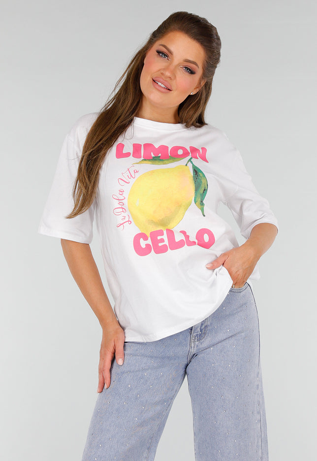 NEW210525 Wit Katoenen T-Shirt met Limoncello print