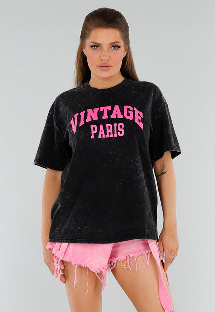 NEW210525 Zwart Acid Wash Shirt met Roze Tekst