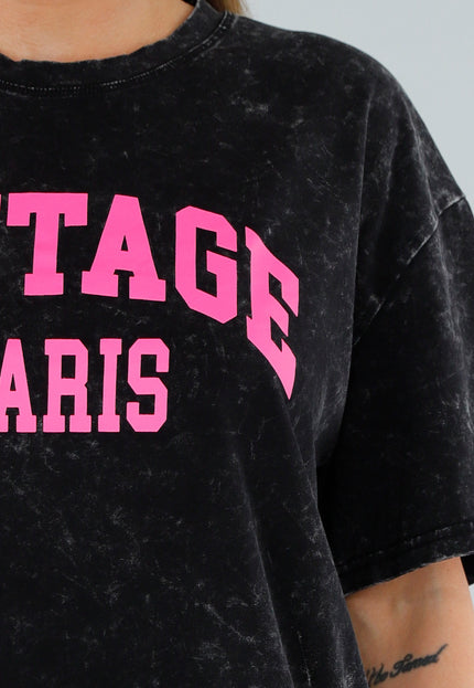 NEW210525 Zwart Acid Wash Shirt met Roze Tekst