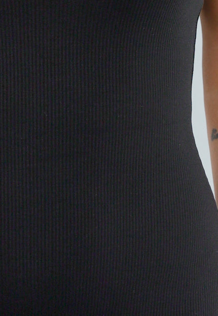 NEW210525 Zwarte Rib Playsuit met Verstelbare Bandjes