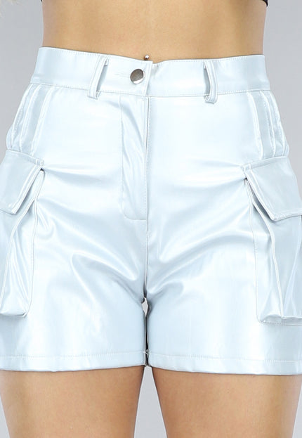 NEW2106 Metallic Zilveren Lederlook Cargo Short