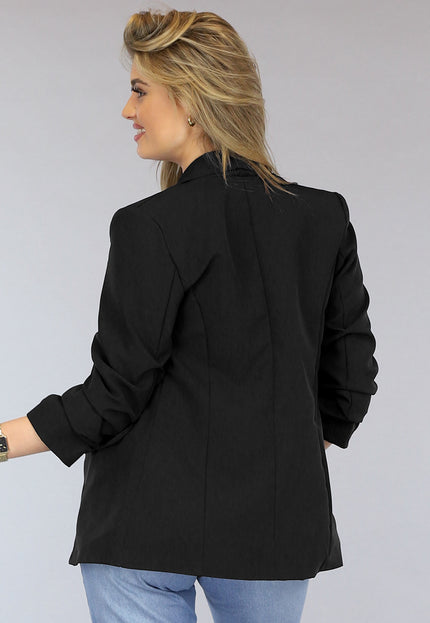 NEW2106 Zwarte Blazer met Geplooide Driekwart Mouwen