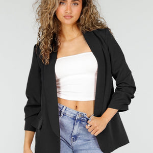 NEW2106 Zwarte Blazer met Geplooide Driekwart Mouwen